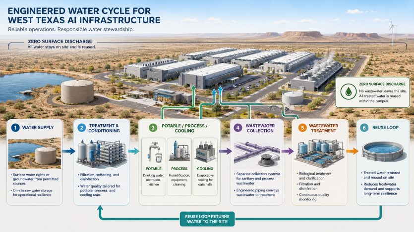 ATLAS engineering concept illustration for a West Texas AI data center water cycle