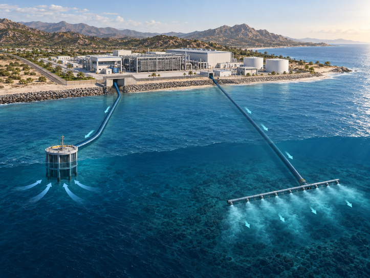 Engineering illustration of a coastal SWRO desalination plant with offshore intake and brine outfall infrastructure