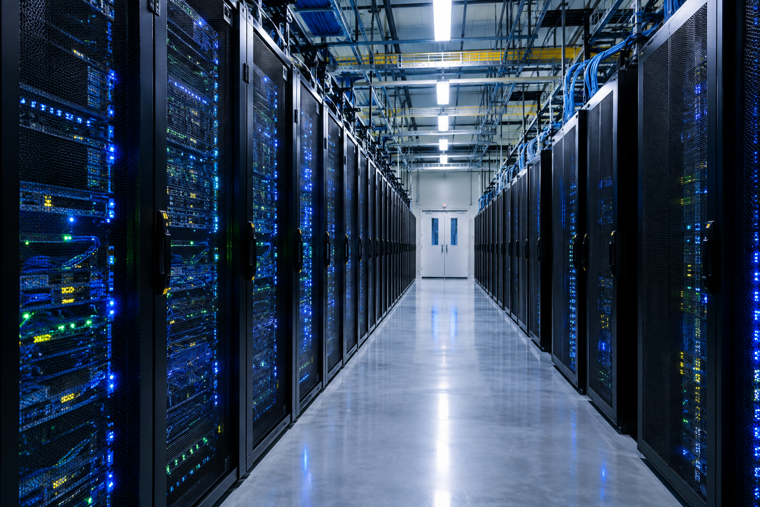 Engineering concept showing AI data-center infrastructure linked to fluorochemical production and industrial water pathways