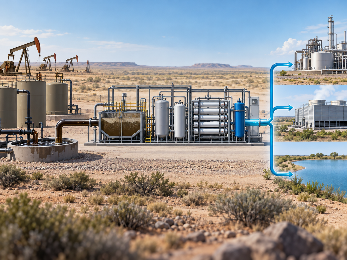 Engineering concept showing produced water treatment and beneficial reuse pathways in an arid oilfield