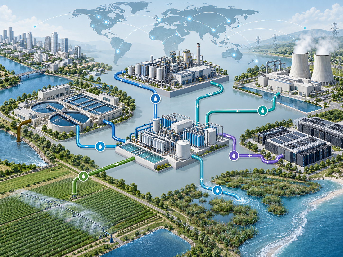 Engineering concept illustration connecting municipal, industrial, agricultural, energy and data-center water reuse systems across a global network.