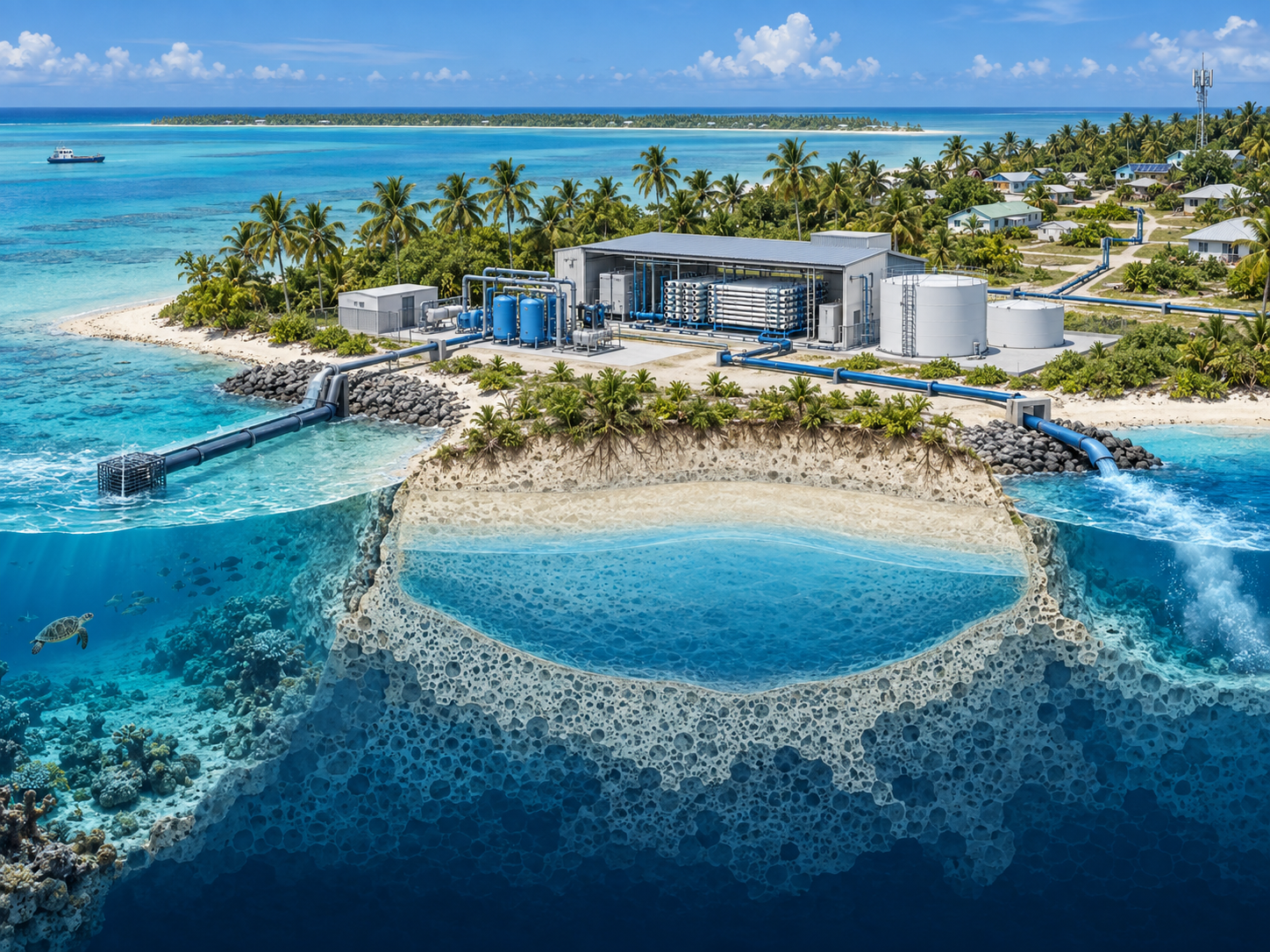 Engineering concept illustration of a tropical-island seawater reverse-osmosis plant supplying a coastal community while reducing dependence on a freshwater lens.