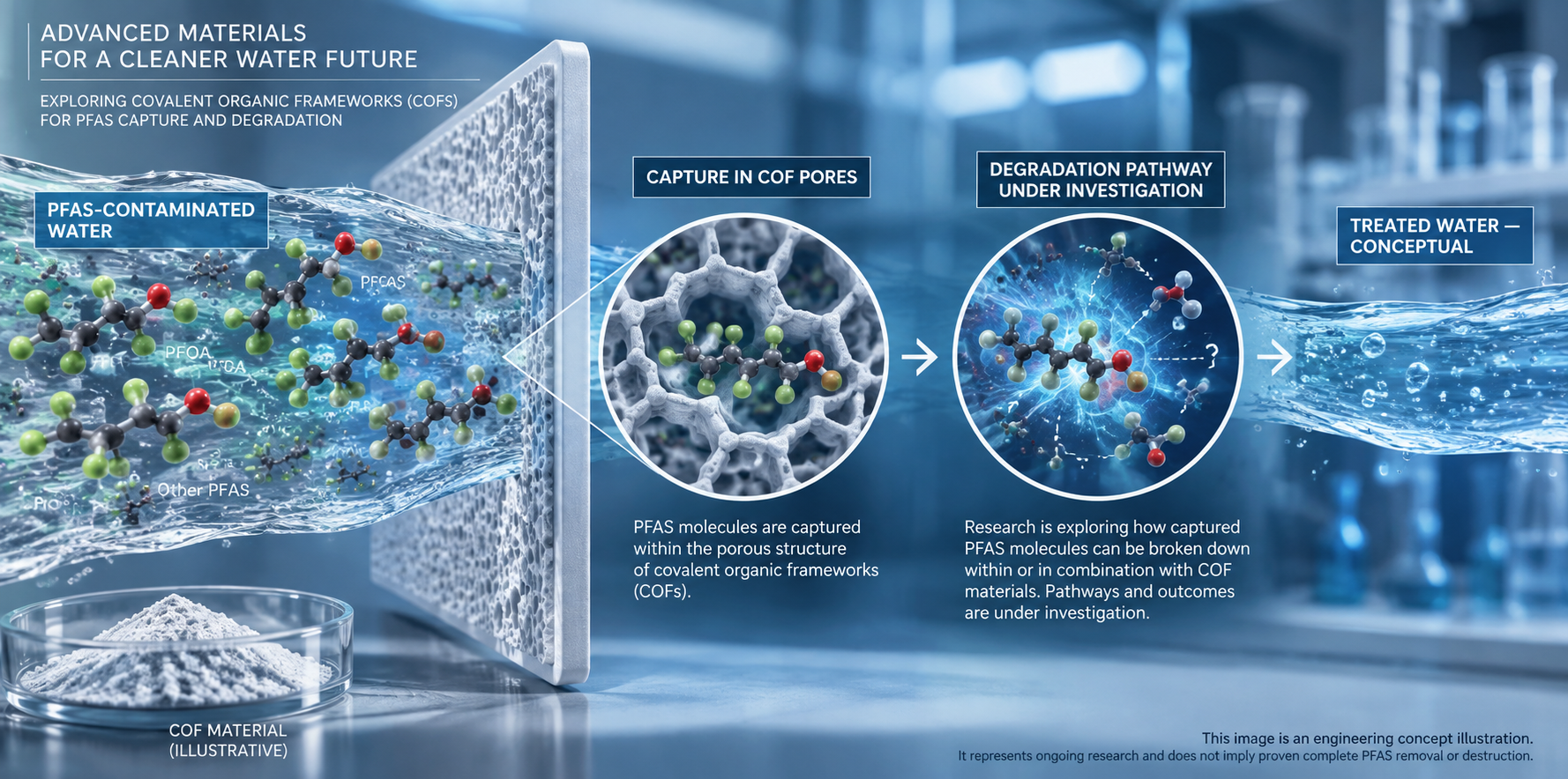 Engineering concept illustration of PFAS-contaminated water passing through a porous COF-based membrane, with capture and degradation pathways shown as research concepts.