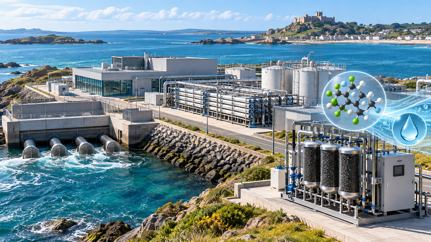 ATLAS engineering concept illustration combining a coastal desalination plant with generic PFAS-treatment and water-quality elements to represent Jersey Water’s separate resilience and PFAS workstreams.