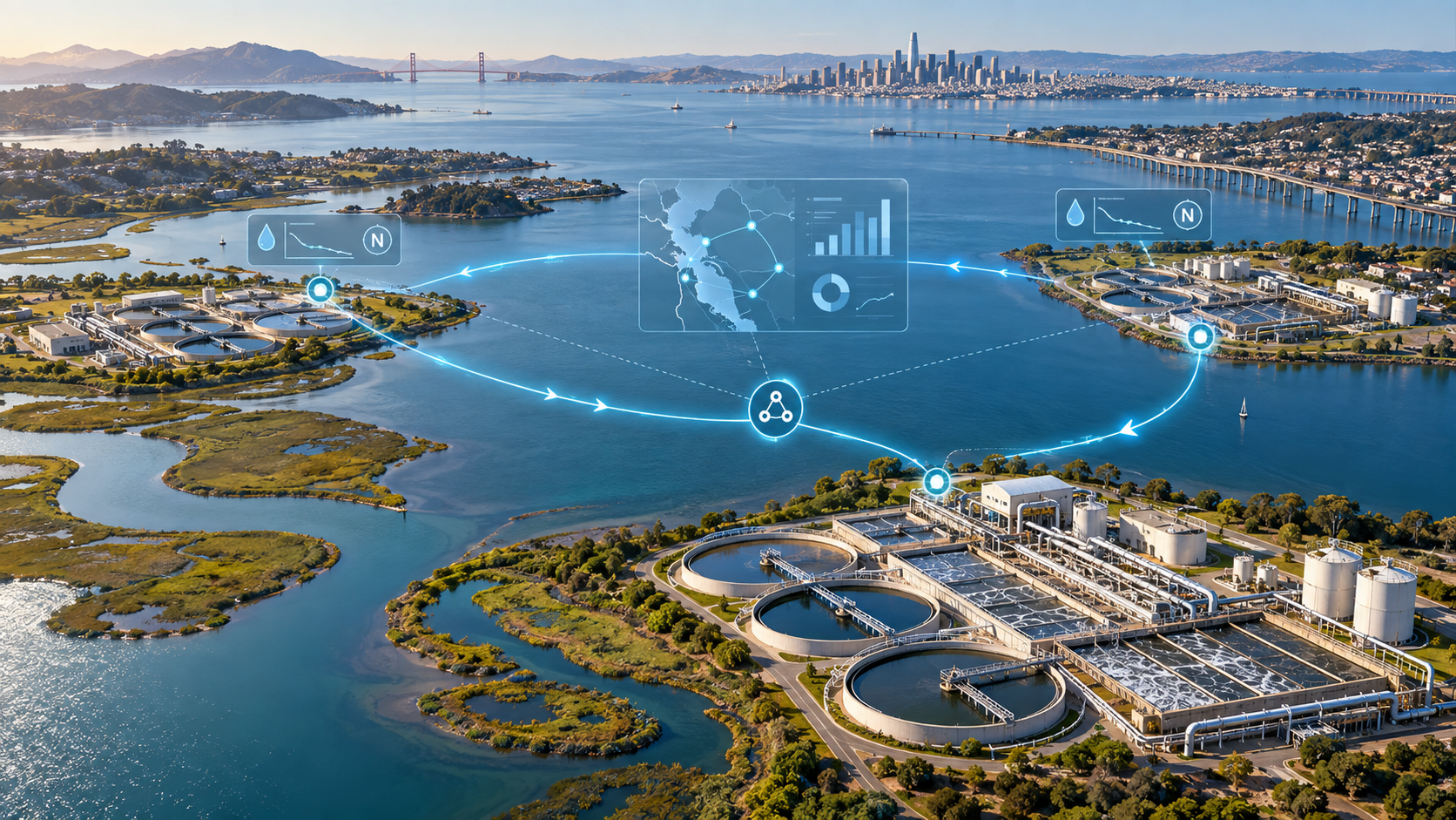 ATLAS engineering concept illustration showing multiple wastewater treatment facilities around San Francisco Bay linked by a regional nutrient-management and optimization network.